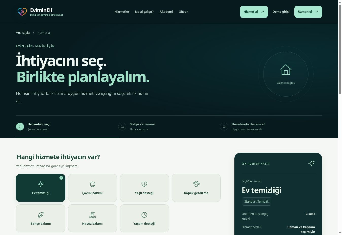 Plan a service: current Turkish web screen